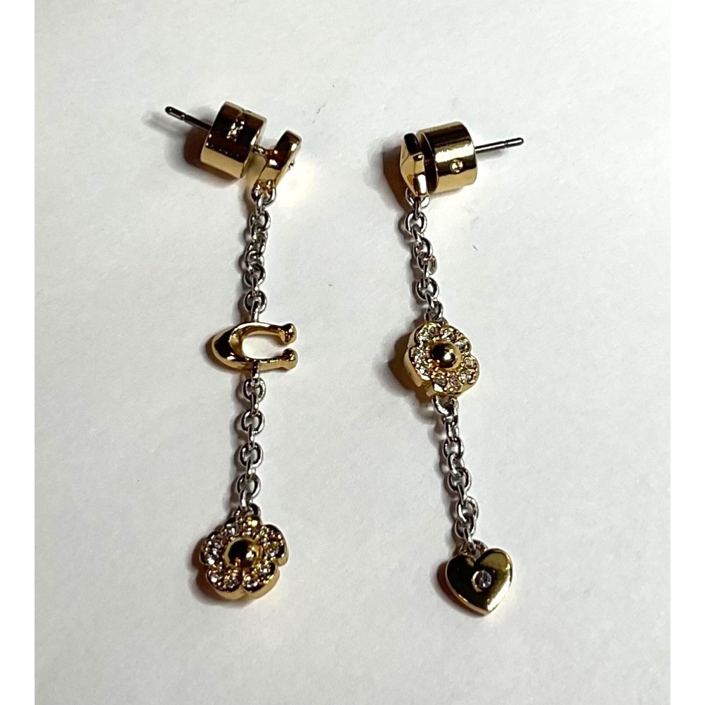 Coach Logo Pierced Earrings Stars Crystals "Tea Rose & Hearts" 1.75" w/Titanium